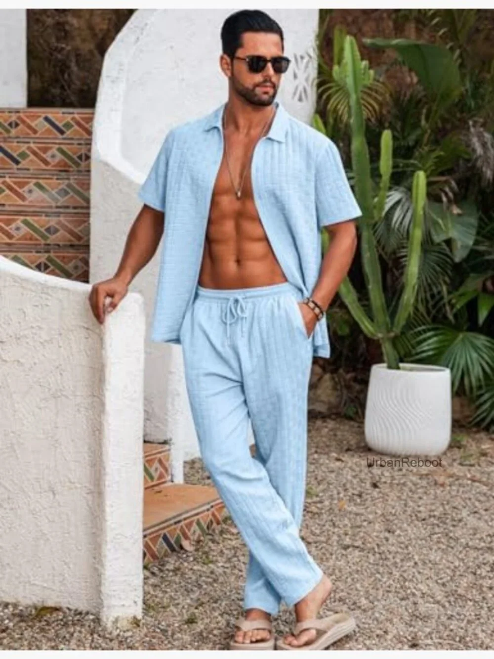 2 Piece Outfit Textured Button Down Shirt and Matching Loose Pants Set